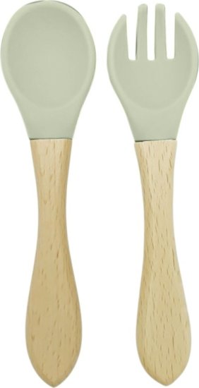 סט מזלג וכפית מסיליקון עם ידית עץ לתינוק מבית Yamayo - צבע ירוק
