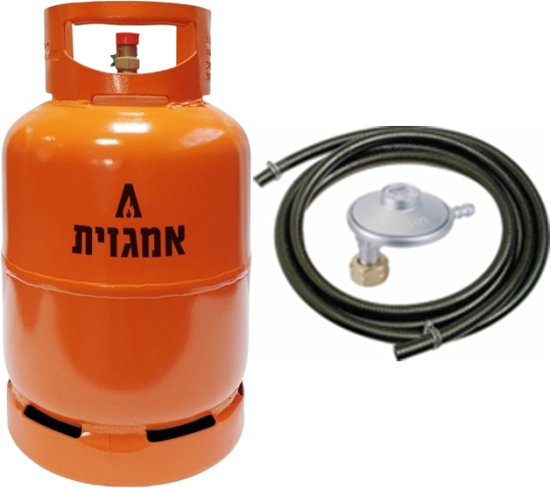 ערכה מלאה לגריל גז - מיכל גז 5 ק''ג מלא + ווסת זוויתי בחיבור M + צינור באורך 2 מטר AMGAZIT