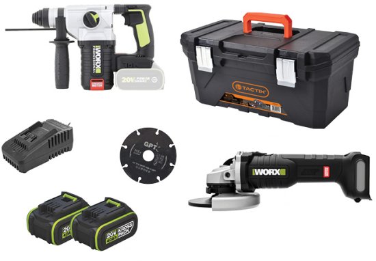 סט כלים 20V – פטישון 24 מ"מ + משחזת זווית + ארגז כלים + 2 סוללות 4Ah + מטען + דיסק Worx